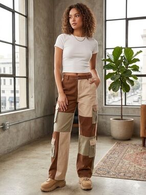 Hot & Delicious Patchwork Wide Leg Cargo Pants - Brown, Tan, Olive